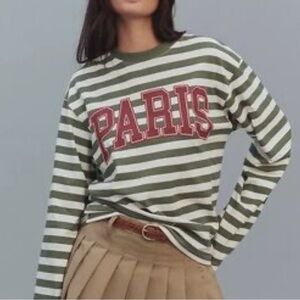 Anthropologie Stripe City Long Sleeve Top Green White, PARIS Graphic, XS NWT